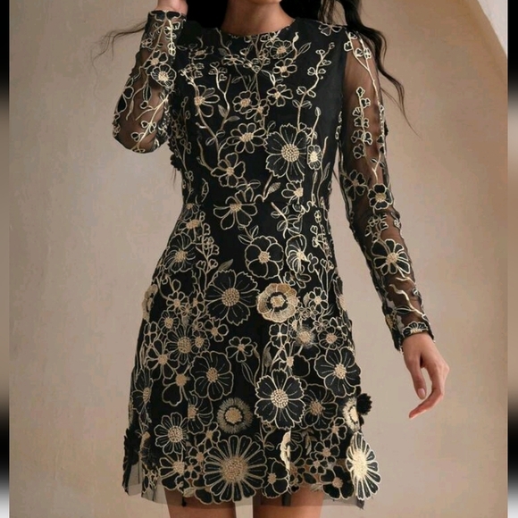 Women Floral Embroidered Mesh Round Neck Elegant Long Sleeve Short Mini Dress - Picture 4 of 5